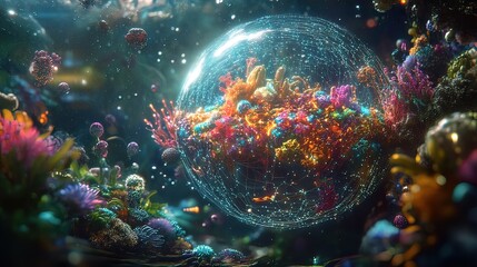 Fototapeta premium Vibrant underwater coral reef scene inside a glowing sphere, with colorful flora and fauna.