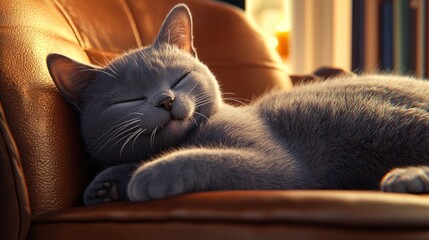 A grey cat peacefully sleeps on a brown leather armchair in warm sunlight.