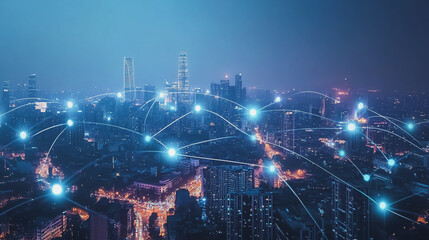 Fototapeta premium Smart digital Innovation city with connection network reciprocity over the cityscape. of future smart wireless city and social media networking systems that connects business people with in city