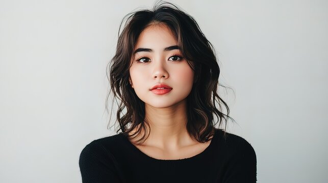 Young Asian woman with shoulder-length wavy hair, wearing a black top, looking directly at the camera against a light gray background.