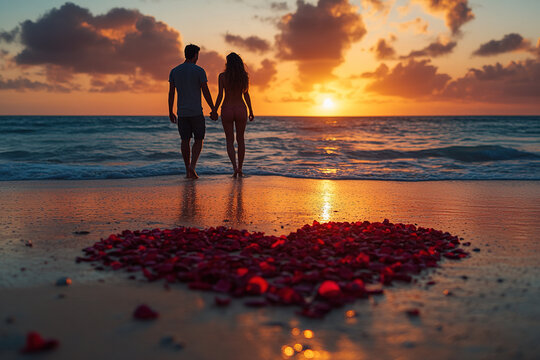 Romantic couple holding hands at sunset on a beach with rose petals arranged in a heart