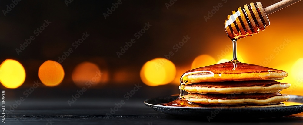 Poster honey pouring over a stack of golden pancakes on a dark background with bokeh lights.
