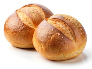 Fototapeta premium Golden-brown bread buns, bakery-fresh, a delectable closeup against a pristine white backdrop. Homemade goodness.