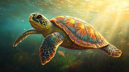 Fototapeta premium Vibrant sea turtle swimming underwater in sunlight.