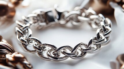 Fototapeta premium Stylish Layered Metallic Bracelet on White Surface