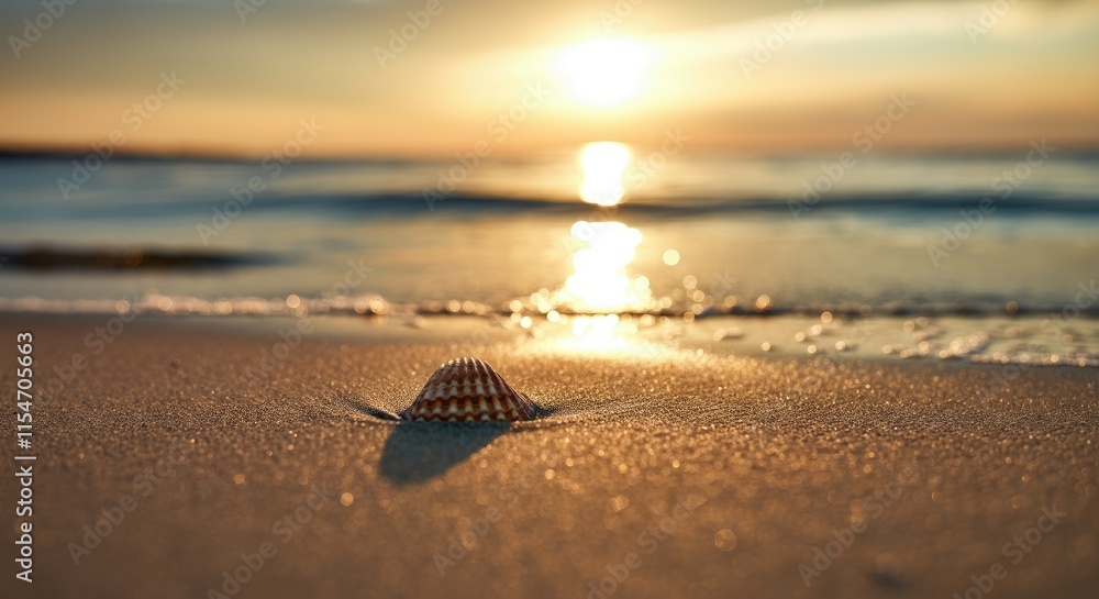 Poster sunset on beach with seashell in foreground