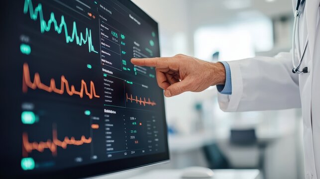 A doctor analyzes medical data on a screen, showcasing vital signs represented by colorful graphs and metrics in a clinical setting.