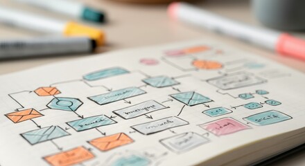 Colorful workflow diagram on notebook, showing process steps and decisions