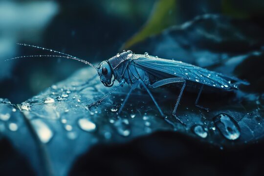 A bush-cricket resting on a dew-covered leaf, its fine details enhanced by water droplets.