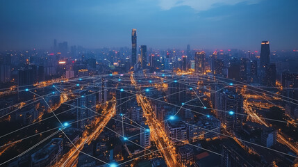 Fototapeta premium Smart digital Innovation city with connection network reciprocity over the cityscape. of future smart wireless city and social media networking systems that connects business people with in city