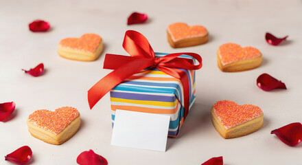 Wrapped gift with red ribbon surrounded by heart-shaped cookies and rose petals