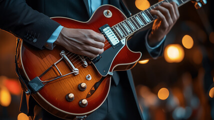Obraz premium A man happily playing guitar on stage 