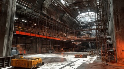 A cavernous industrial warehouse with scaffolding along the sides and heavy-duty equipment scattered about 
