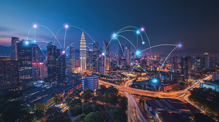 Smart digital Innovation city with connection network reciprocity over the cityscape. of future smart wireless city and social media networking systems that connects business people with in city