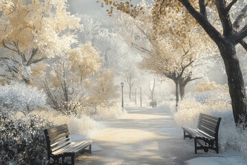 A dreamy winter scene of frost-covered trees in a park, with benches and pathways dusted in soft snow.