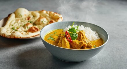 Aromatic chicken curry with herbs, served rice and naan bread