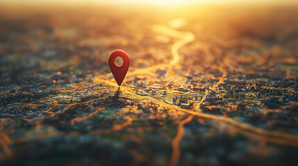 City Map with Red Location Pin at Sunset