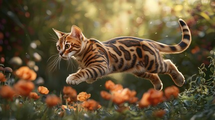 Bengal kitten leaping through orange flowers in a sunlit garden.