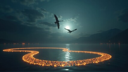 Obraz premium Magical Moonlit Lake with Birds - Dark Moody Ambiance