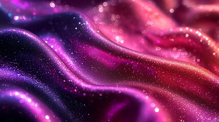 Vibrant abstract fabric with shimmering pink and purple waves, adorned with sparkling lights.