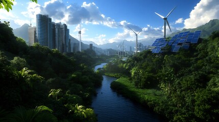 Fototapeta premium Eco-Friendly Cityscape: A Harmonious Blend of Urban Development and Nature