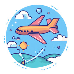 Naklejka premium A cartoon drawing of an orange and yellow airplane flying through the sky