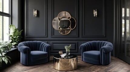 Dark interior with velvet armchairs, gold coffee table, and decorative mirror.