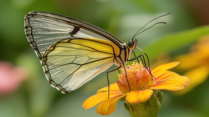 Obraz premium Glasswing butterfly on orange flower.