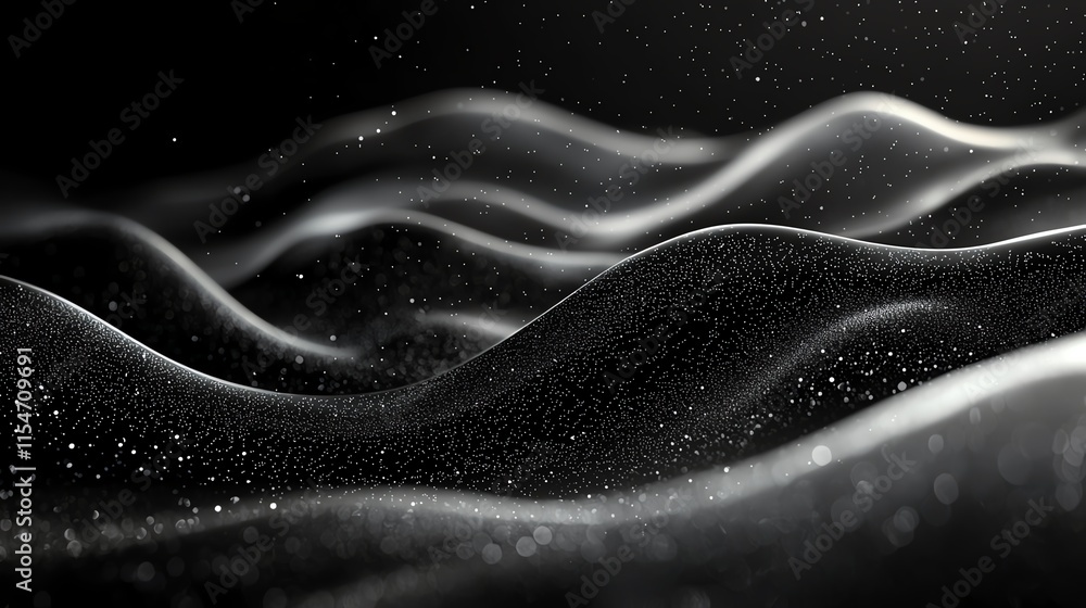 Poster abstract black wavy surface with sparkling particles creating a cosmic and ethereal look.
