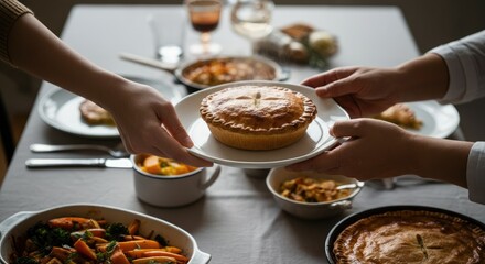 Hands exchanging pie at dining table set with various dishes Home-cooked meal shared among friends or family