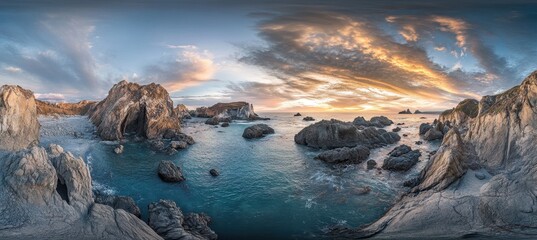 Obraz premium A stunning coastal panorama featuring rocky formations and a vibrant sunset over the ocean.