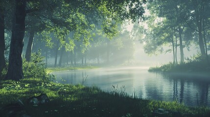 Fototapeta premium Serene Morning Mist Over Peaceful Forest and Tranquil Lake