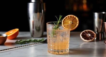 Elegant cocktail with rosemary and orange garnish beside bar tools on marble surface