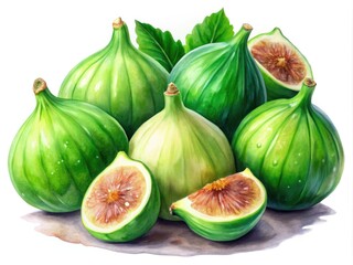 Obraz premium Vibrant watercolor green figs, botanically illustrated, isolated on a pristine white background. High-resolution PNG image.