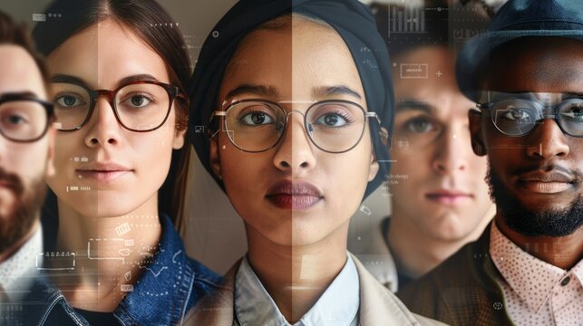 Diverse group of people with thoughtful expressions, surrounded by questionnaires and charts, symbolizing consumer survey insights and market research analysis.	