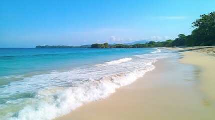 Tranquil Beach Scene with Soft Waves and Clear Blue Sky