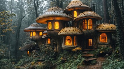 Fototapeta premium Enchanted mushroom houses nestled in a mystical forest, glowing warmly in the twilight.
