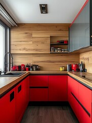 Fototapeta premium Modern Red Kitchen With Wood Accents And Sleek Cabinets