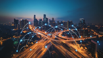 Obraz premium Smart digital Innovation city with connection network reciprocity over the cityscape. of future smart wireless city and social media networking systems that connects business people with in city