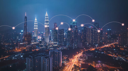 Fototapeta premium Smart digital Innovation city with connection network reciprocity over the cityscape. of future smart wireless city and social media networking systems that connects business people with in city