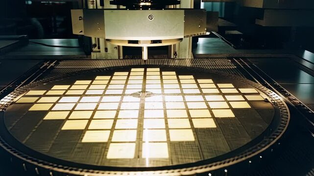 A photolithography machine in action projecting light patterns onto a silicon wafer with precision equipment and control panels visible in the background.