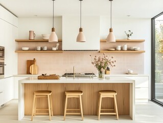 Fototapeta premium Modern Kitchen Island with Light Pink Tiles and Wooden Accents