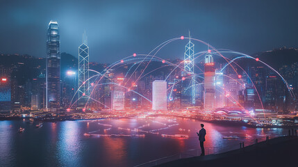 Fototapeta premium Smart digital Innovation city with connection network reciprocity over the cityscape. of future smart wireless city and social media networking systems that connects business people with in city