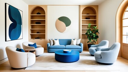 luxurious living room, curved blue sofa, white egg chair, round coffee table, arched windows, built-in shelving, modern abstract art, high ceilings, wooden floors, minimalist design, contemporary inte