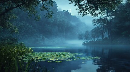 Fototapeta premium Misty Morning Over Peaceful Lake in Serene Forest Setting