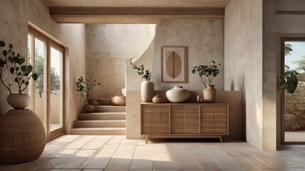 Interior design, modern rustic, round mirror, wooden console table, neutral tones, minimalist decor, potted plants, ceramic vases, natural materials, warm lighting, textured walls, earthy color palett