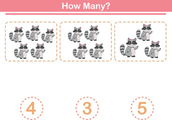 Counting game of cute racoons for preschool kids. Printable. Vector Illustration © Abdulhalimahmad