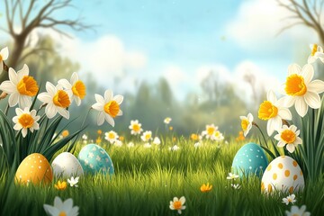 A vibrant Easter scene with colorful eggs nestled among blooming daffodils and delicate wildflowers, set against a serene blue sky and lush green grass, symbolizing springtime joy.