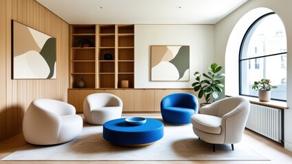 luxurious living room, curved blue sofa, white egg chair, round coffee table, arched windows, built-in shelving, modern abstract art, high ceilings, wooden floors, minimalist design, contemporary inte