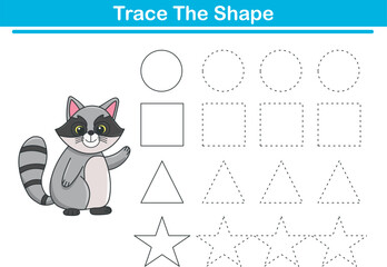 Tracing lines of different shape for kids with cute racoon. Vector Illustration